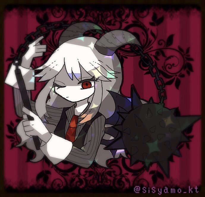 1girl, artist_name, ball_and_chain_(weapon), demon_girl, demon_horns, demon_wings, flail, formal_clothes, funamusea, haiiro_teien, hair_between_eyes, holding, holding_flail, holding_weapon, horns, long_hair, long_sleeves, looking_at_viewer, multiple_wings, necktie, one_eye_closed, otogiccochan, pale_skin, red_eyes, red_necktie, reficul_(funamusea), shirt, solo, spike_ball, spiked_ball_and_chain, suit, weapon, white_hair, wings