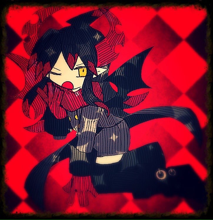 1girl, ;o, black_hair, black_wings, demon_girl, demon_horns, demon_tail, demon_wings