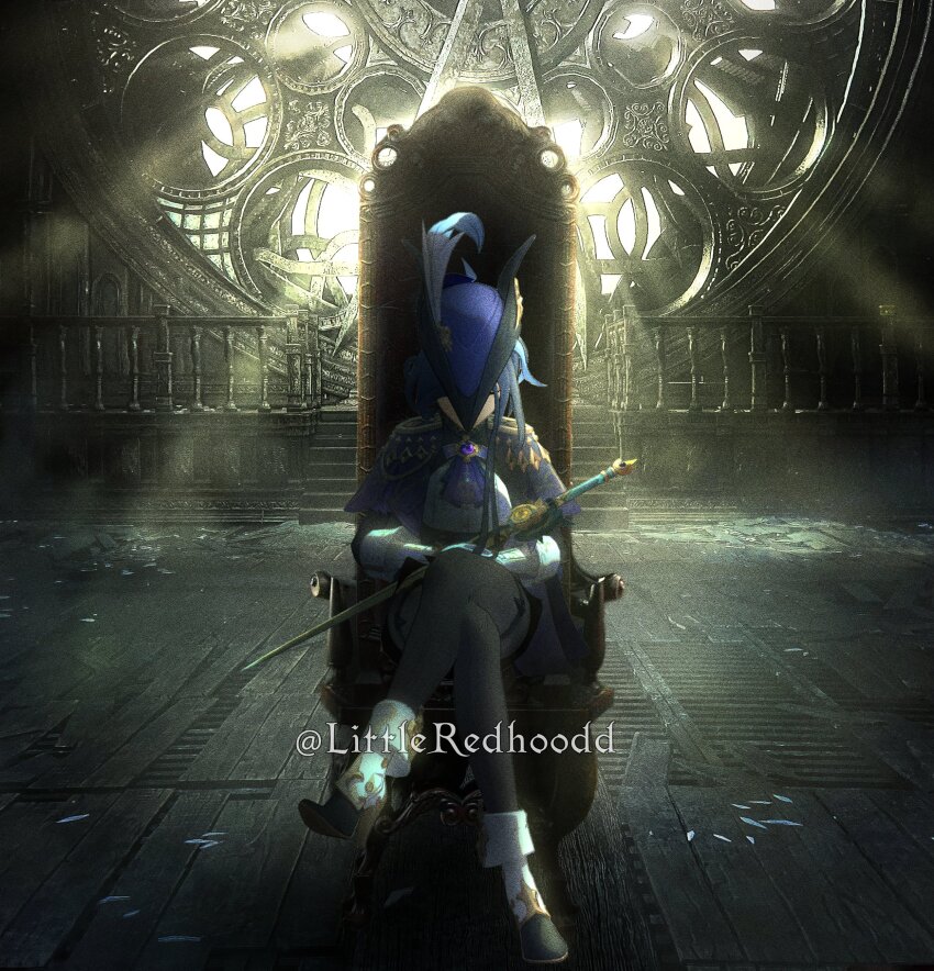 1girl, absurdres, analog_clock, ascot, bloodborne, blue_hair, chair, clock, clock_tower, clorinde_(genshin_impact), coat, commentary, crossed_legs, english_commentary, genshin_impact, hat, hat_feather, highres, indoors, lady_maria_of_the_astral_clocktower, light_rays, littleredhoodd, parody, saber_(weapon), sitting, solo, sword, tower, trait_connection, tricorne, victorian, weapon, wooden_floor