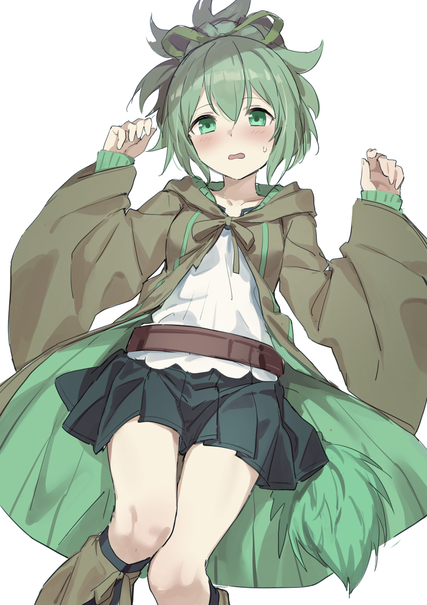 1girl, belt, blush, duel_monster, feet_out_of_frame, green_eyes, green_hair, hands_up