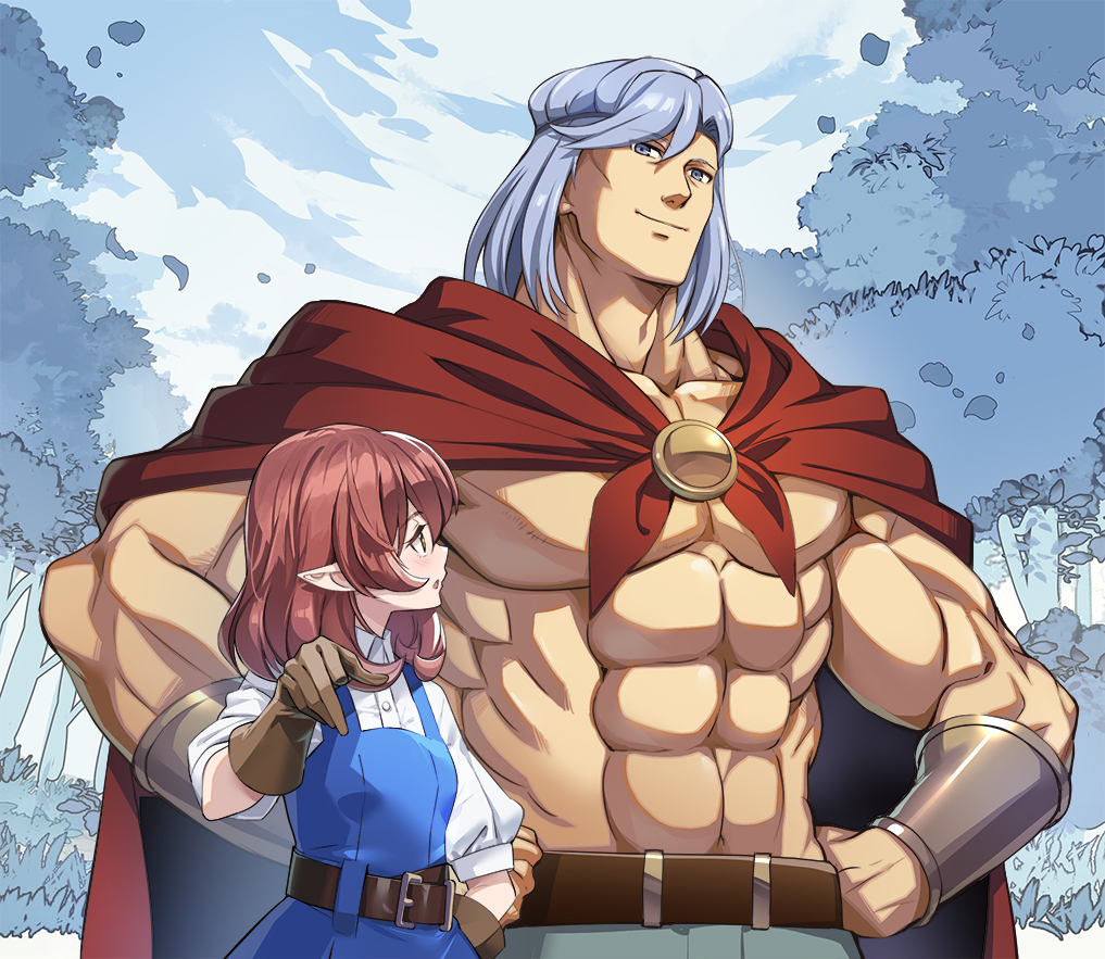 1boy, 1girl, belt, blue_eyes, blue_hair, cape, gloves, hand_on_own_hip, helck, helck_(character), long_hair, looking_at_another, muscular, muscular_male, no_shirt, nyoro_(nyoronyoro000), open_mouth, pointy_ears, red_hair, vermilio_(helck), yellow_eyes