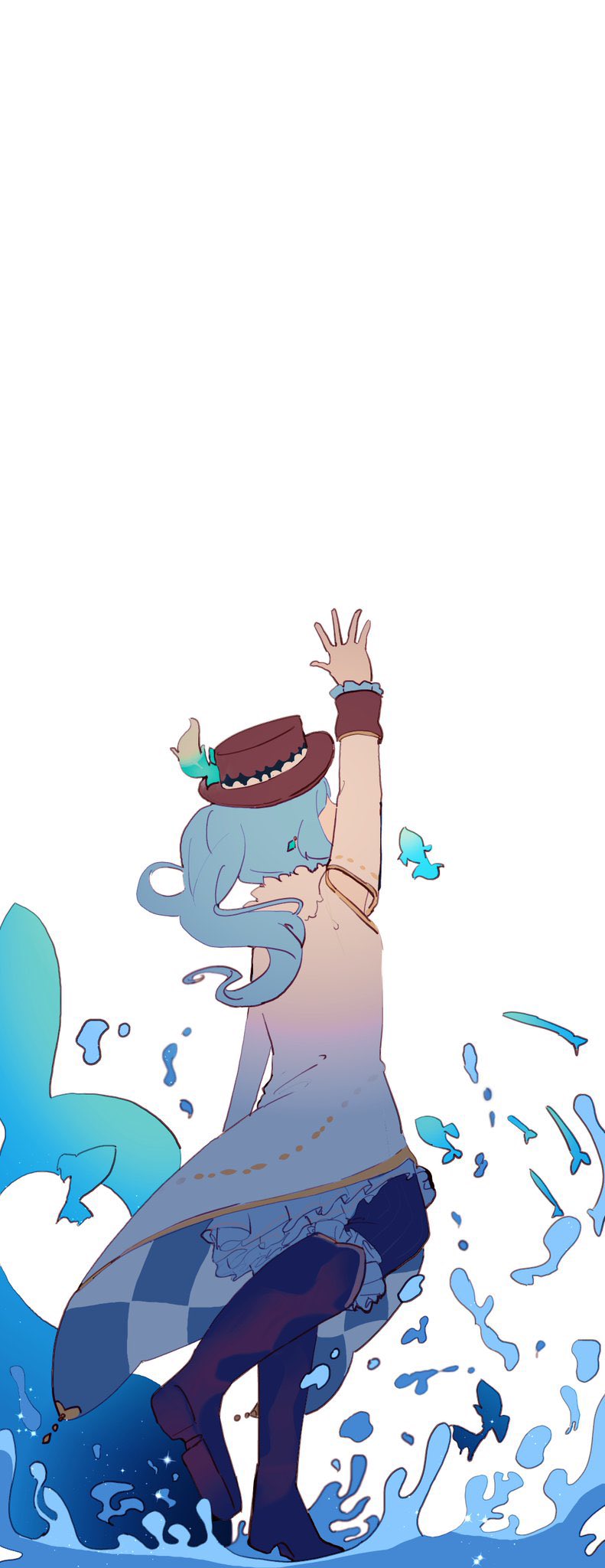 1girl, arm_at_side, arm_up, blue_boots, blue_coat, blue_hair, blue_pantyhose, boots