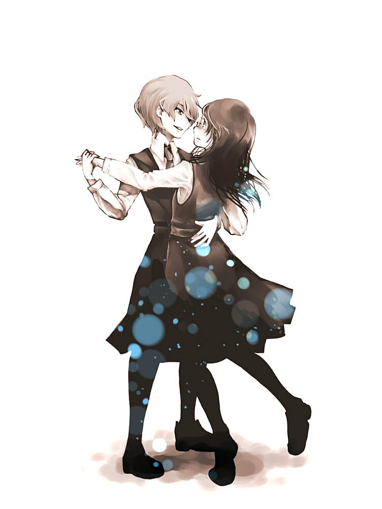 00s, 2girls, aoi_hana, ask_(littlexxx), bad_id, bad_pixiv_id, blush, dancing, dress_shirt, eye_contact, glasses, holding_hands, looking_at_another, manjoume_fumi, monochrome, multiple_girls, necktie, pantyhose, school_uniform, shirt, shoes, short_hair, skirt, skirt_set, sugimoto_yasuko, yuri