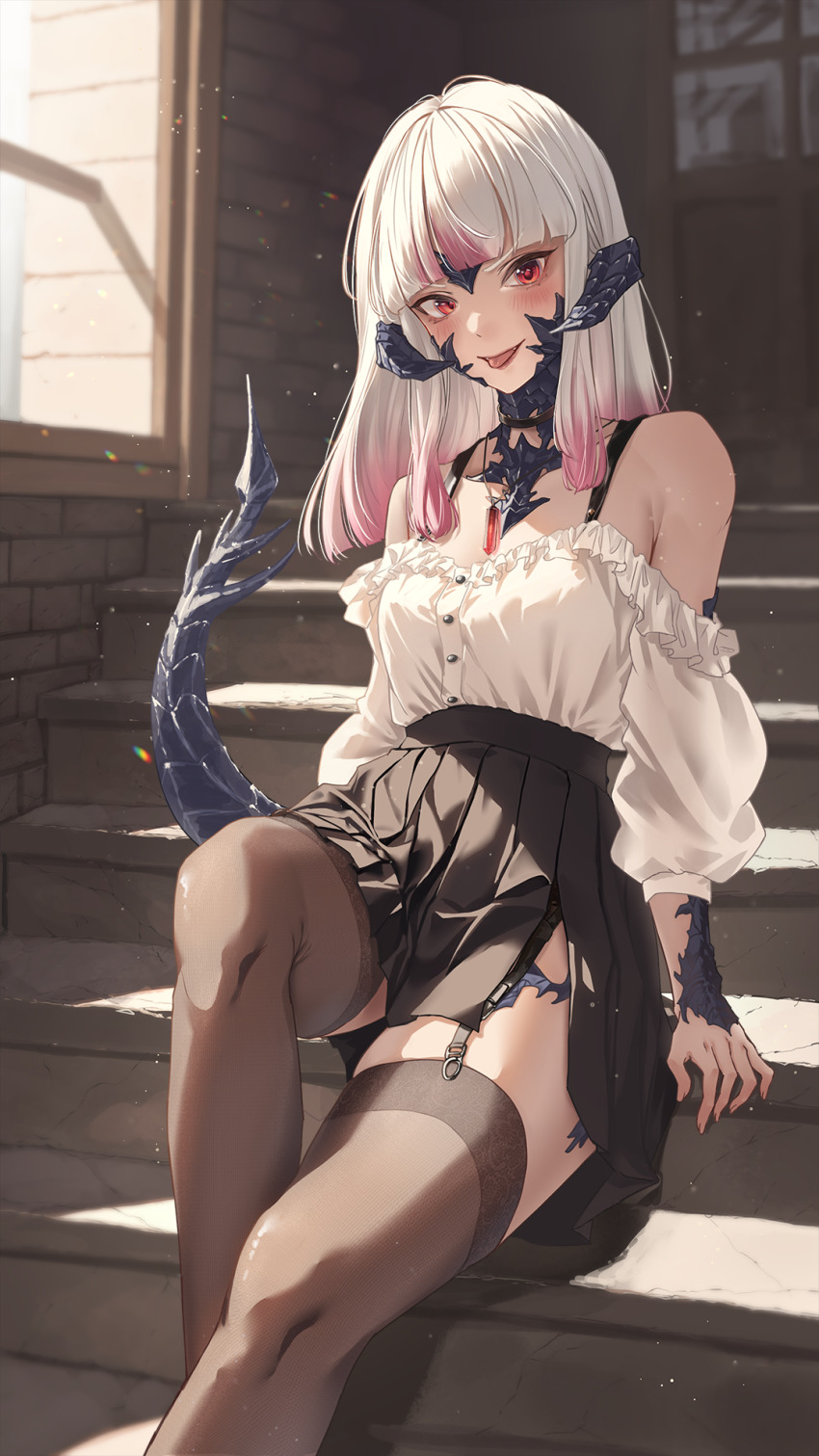 1girl, :p, arms_at_sides, au_ra, bare_shoulders, black_skirt, blouse, blunt_bangs