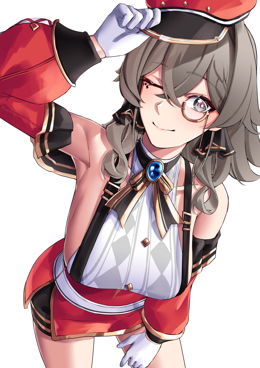 1girl, ;), absurdres, arm_up, armpits, bare_shoulders, breasts, brooch