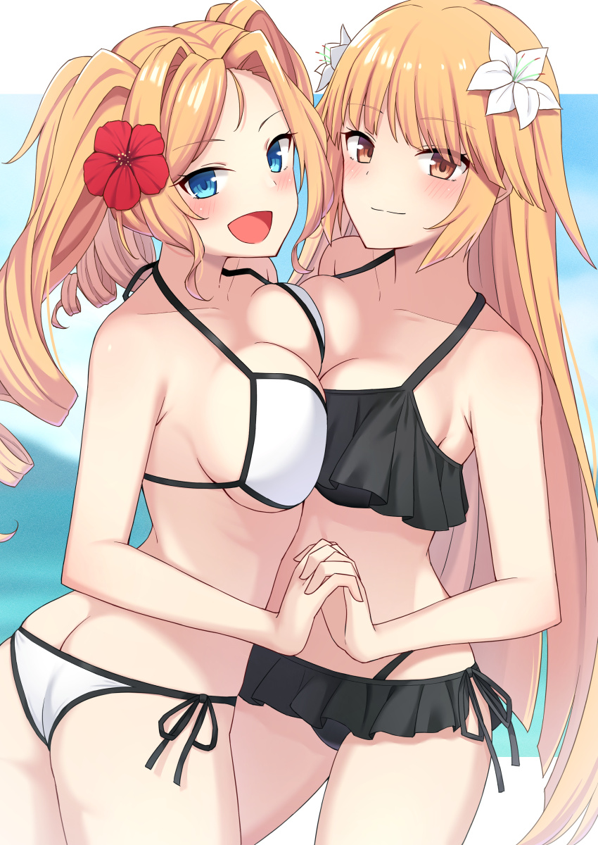 2girls, akahi_(akahi242), beach, bikini, black_bikini, blonde_hair, blue_eyes, breast_press