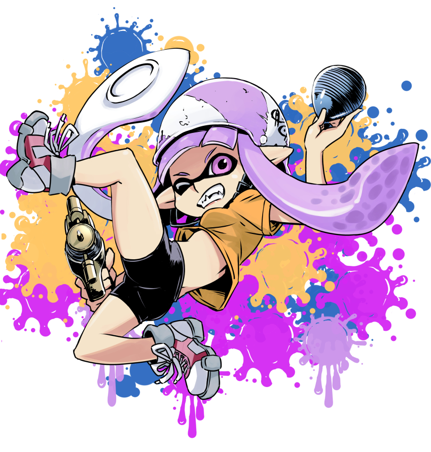 1girl, ass, bike_shorts, black_shorts, breasts, burst_bomb_(splatoon), fangs, grin