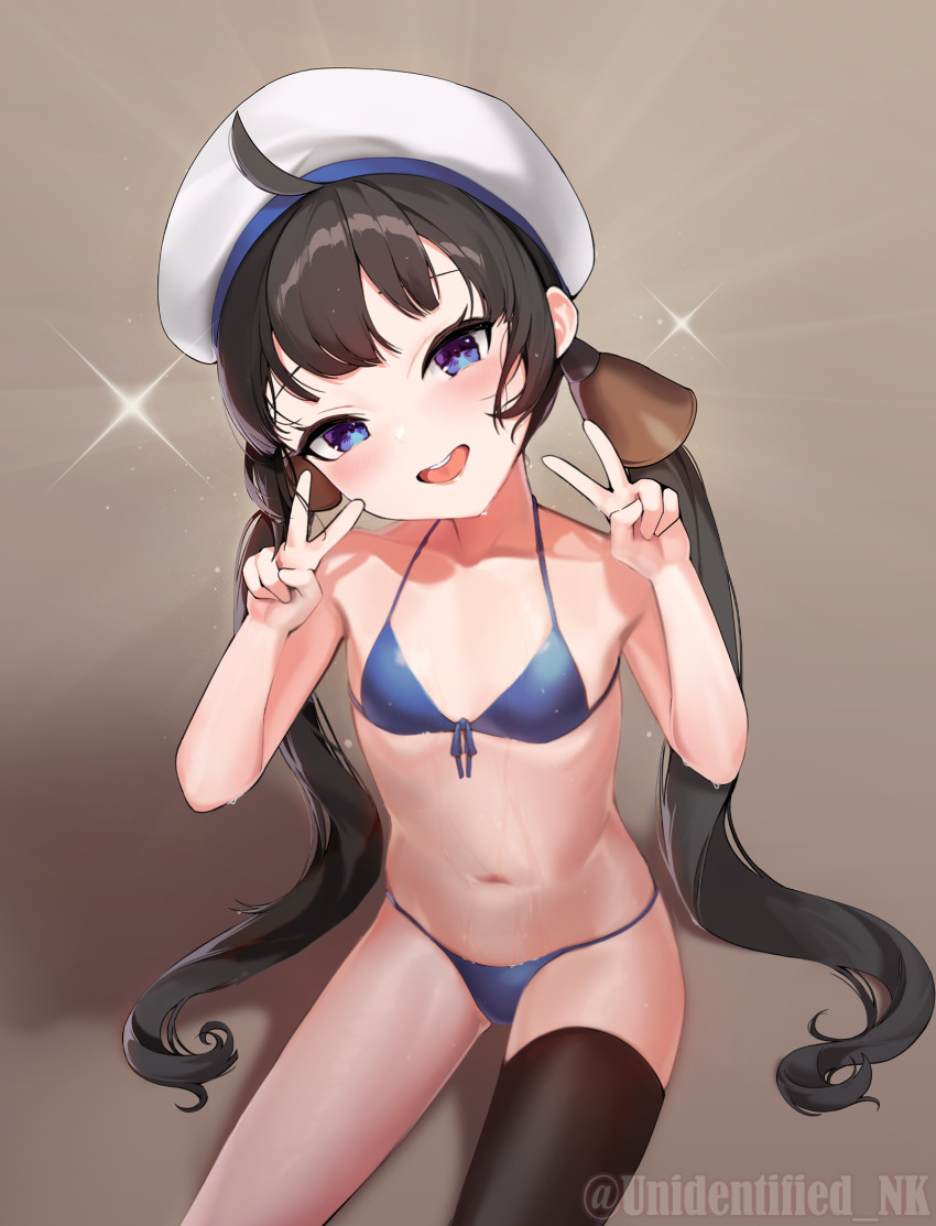 1girl, ahoge, bikini, black_hair, black_thighhighs, blue_bikini, blue_eyes, blush, double_v, hat, highres, kaiboukan_no._22_(kancolle), kantai_collection, long_hair, looking_at_viewer, open_mouth, sailor_hat, single_thighhigh, smile, solo, swimsuit, thighhighs, twintails, twitter_username, unidentified_nk, v, white_hat