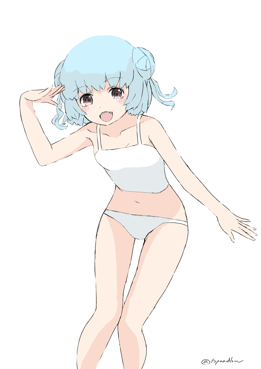 1girl, absurdres, blue_hair, brown_eyes, camisole, commentary_request, double_bun, fang