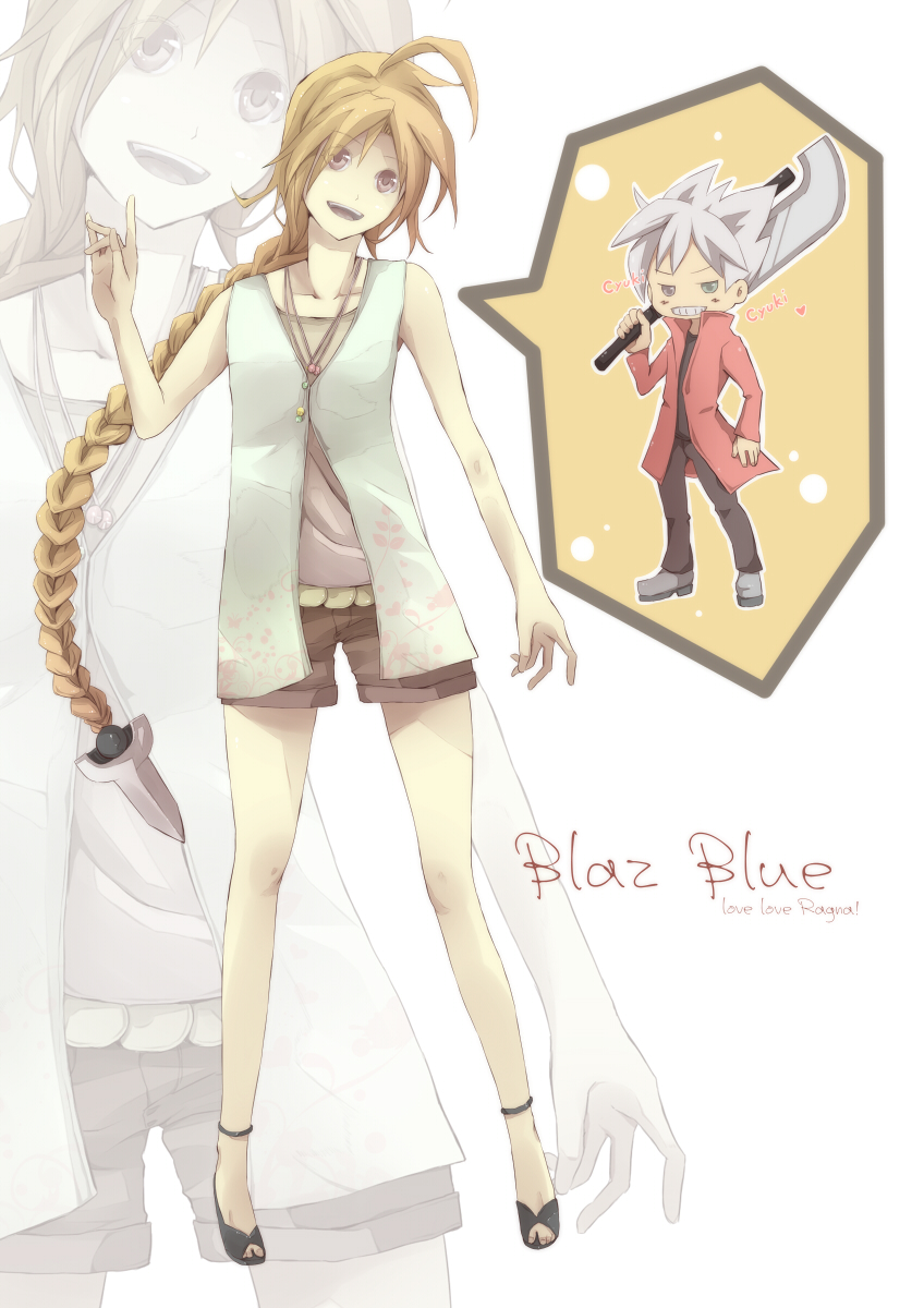 1boy, 1girl, ahoge, arc_system_works, black_pants, blazblue, blonde_hair, braid