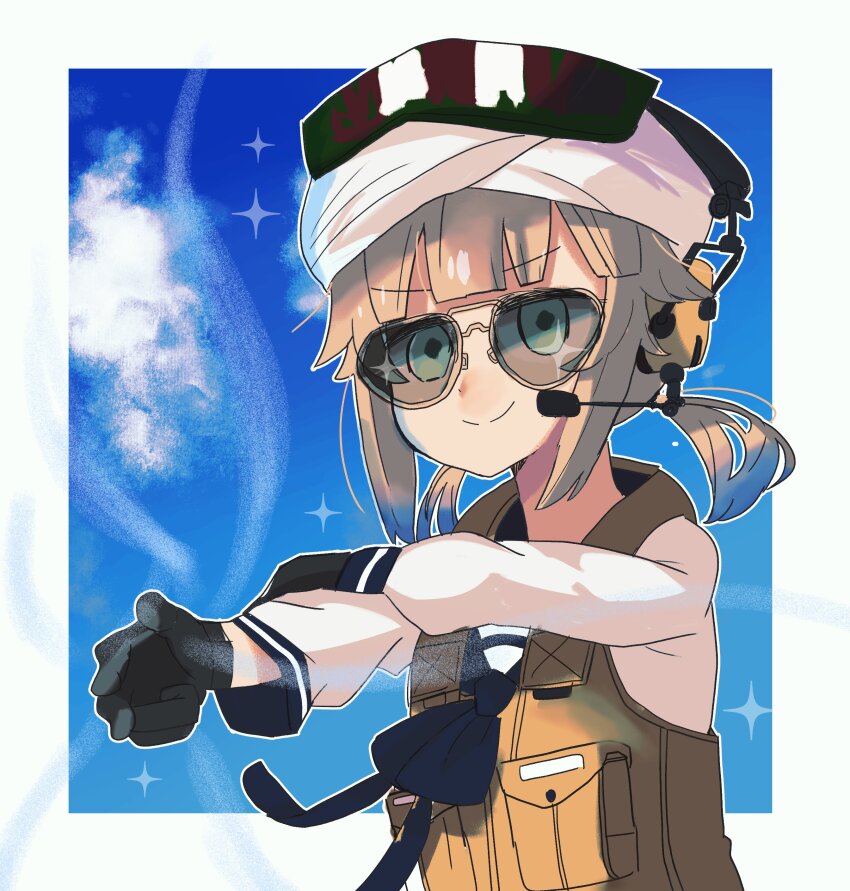 1other, absurdres, alternate_costume, aviator_sunglasses, black_gloves, blonde_hair, blue_sailor_collar, blue_sky