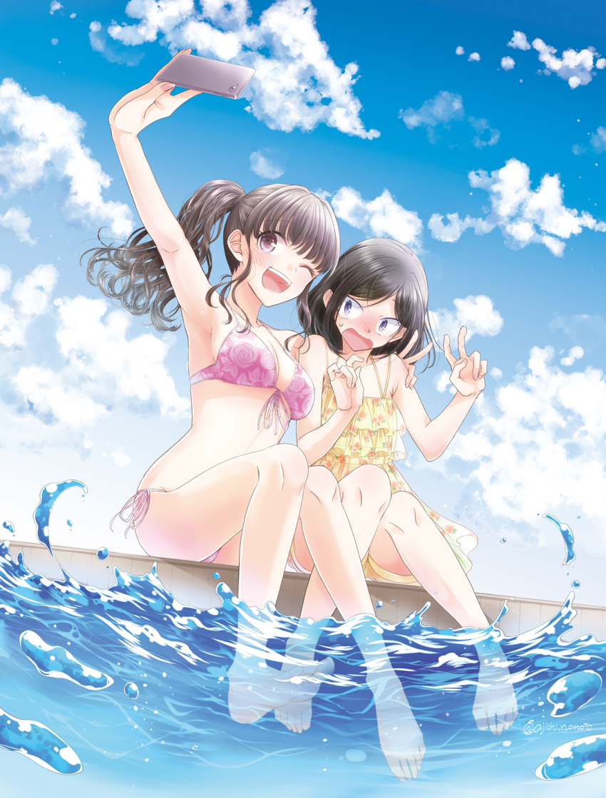 2girls, ajiichi, bikini, blush, breasts, cleavage, cloud, dekisokonai_no_himegimi-tachi