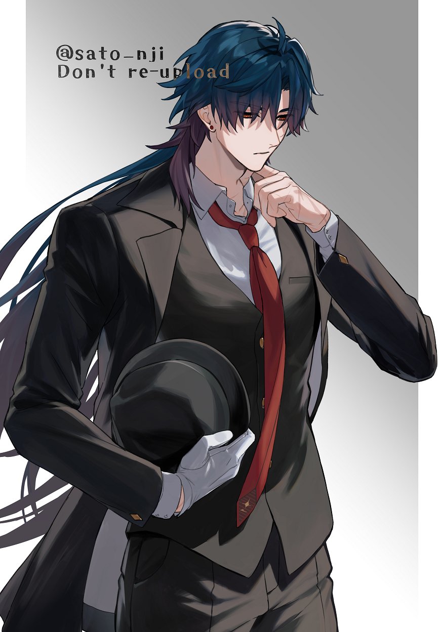 1boy, ahoge, artist_name, black_hat, black_jacket, black_pants, black_suit, blade_(honkai:_star_rail)