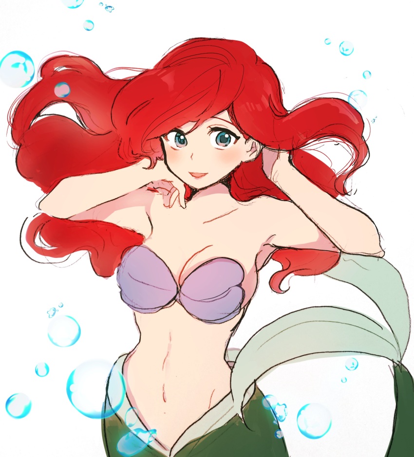1girl, 5rwpvc, ariel_(disney), armpits, bare_arms, bikini, blue_eyes, blush, breasts, collarbone, highres, large_breasts, long_hair, mermaid, monster_girl, parted_lips, red_hair, shell, shell_bikini, simple_background, smile, solo, the_little_mermaid_(disney), very_long_hair, white_background