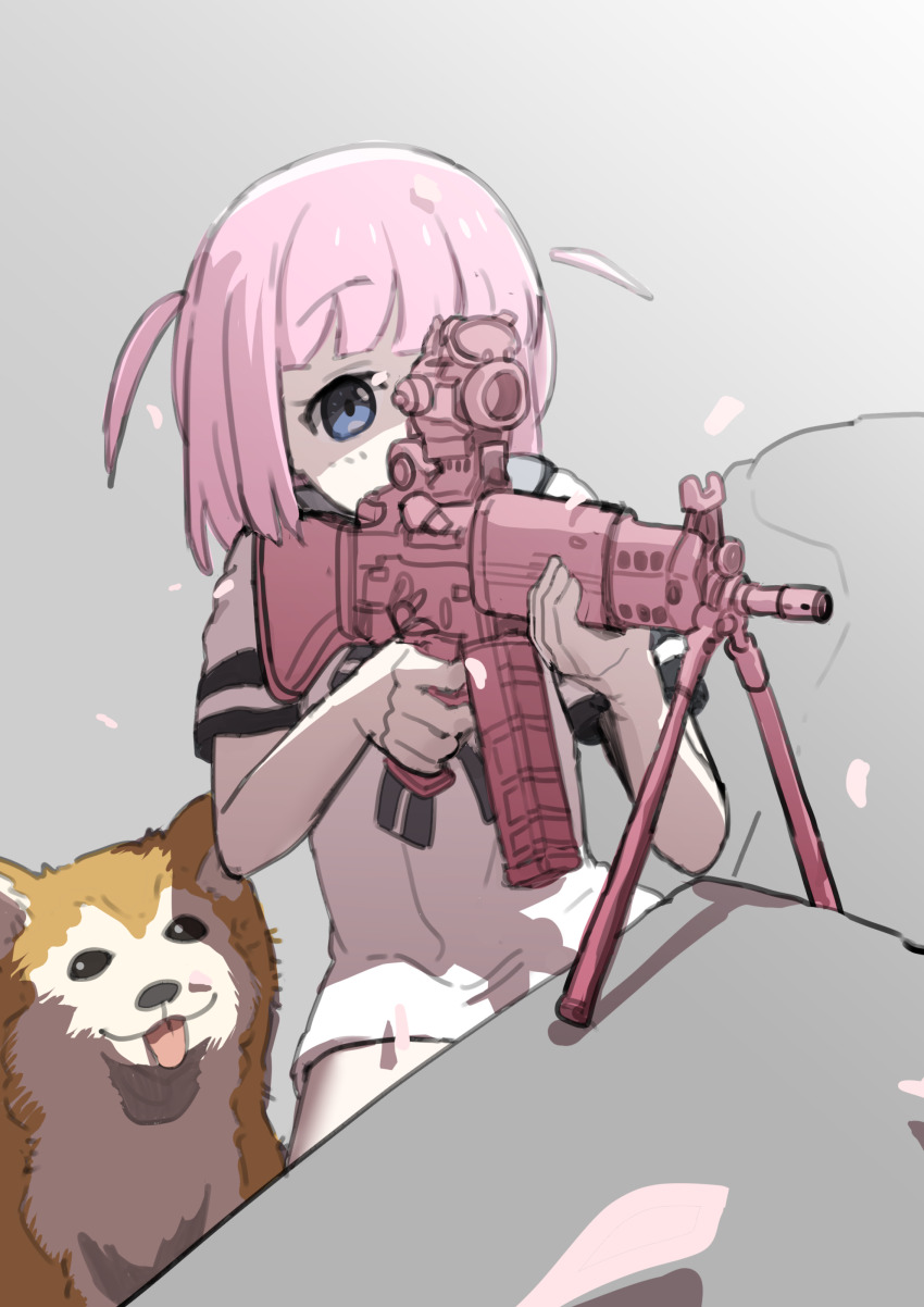 1girl, :3, absurdres, aiming, assault_rifle, bipod, blue_eyes, bocchi_the_rock!