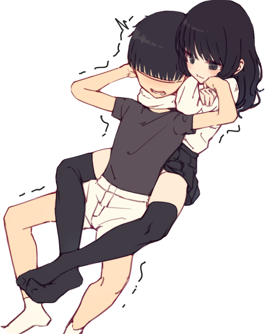 1boy, 1girl, bare_arms, bare_legs, black_eyes, black_hair, black_shirt, black_skirt