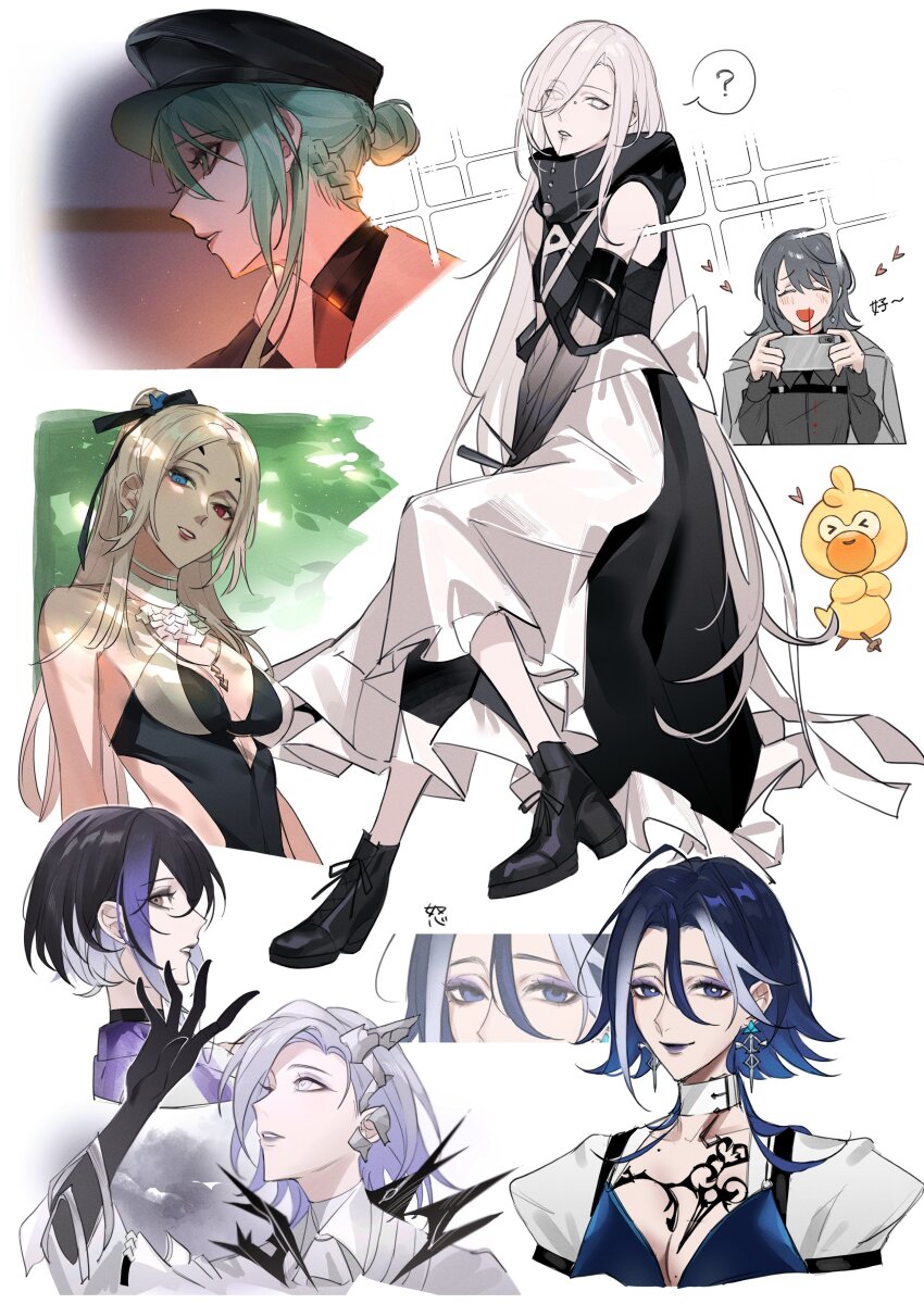 6+girls, ?, absurdres, adela_(path_to_nowhere), bare_shoulders, bird, black_footwear, black_gloves