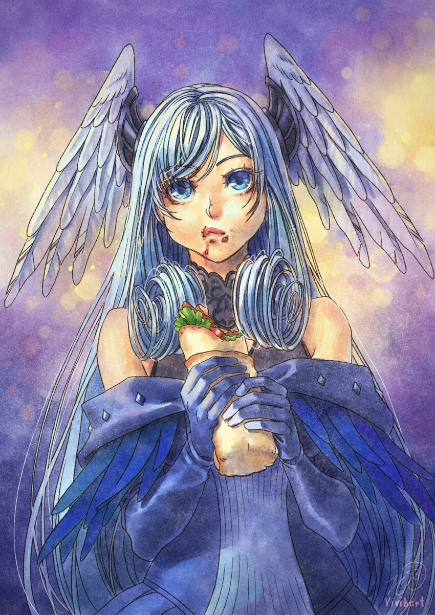 1girl, blue_eyes, burrito, curly_hair, dress, eating, elbow_gloves, feathered_wings