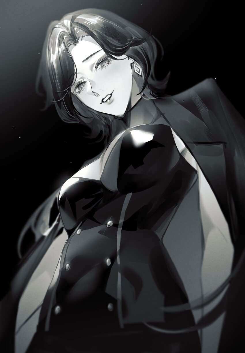 1girl, absurdres, amagami_rui, black_background, black_dress, black_jacket, breasts, cleavage, dress, earrings, greyscale, highres, indie_virtual_youtuber, jacket, jewelry, large_breasts, long_hair, looking_at_viewer, looking_down, monochrome, parted_bangs, simple_background, smile, solo, toho10min, upper_body, virtual_youtuber