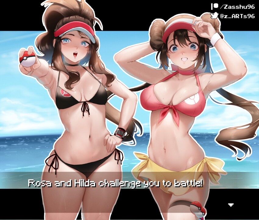 2girls, bikini, black_bikini, blue_eyes, blue_sky, breasts, brown_hair, cloud, commentary, day, dialogue_box, double_bun, english_text, floating_hair, grin, hair_bun, hand_on_own_hip, high_ponytail, highres, hilda_(pokemon), holding, holding_poke_ball, large_breasts, long_hair, looking_at_viewer, medium_breasts, multiple_girls, navel, nintendo, ocean, open_mouth, outdoors, pink_bikini, poke_ball, poke_ball_(basic), pokemon, pokemon_black_2_and_white_2, pokemon_black_and_white, ponytail, rosa_(pokemon), sarong, sky, smile, stomach, swimsuit, twintails, untranslatable_commentary, video_game_dialogue_box, visor_cap, watch, wet, wristwatch, yellow_sarong, zasshu
