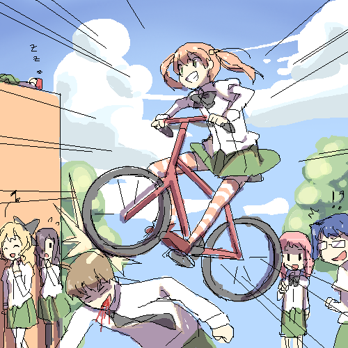 !?, 1boy, 5girls, ^^^, bicycle, blind, blonde_hair, blood, blue_hair, brown_hair, glasses, grin, hakamichi_shizune, ibarazaki_emi, ikezawa_hanako, injury, katawa_shoujo, lowres, mikado_shiina, multiple_girls, nakai_hisao, nanaca_crash, oekaki, pantyhose, parody, pink_hair, red_hair, satou_lilly, short_hair, sleeping, smile, striped_clothes, striped_legwear, striped_thighhighs, tezuka_rin, thighhighs, twintails, weee_(raemz)