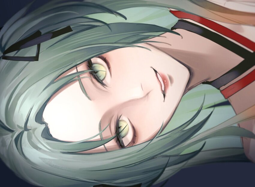 1girl, black_ribbon, close-up, eyelashes, green_eyes, green_hair, hair_ribbon, highres