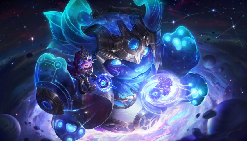 1boy, absurdres, black_footwear, black_gloves, blue_eyes, commentary, constellation, cosmic_paladins_nunu, cosmic_paladins_willump, creature, english_commentary, extra_arms, galaxy, gloves, highres, holding, holding_wand, hood, hoodie, in_orbit, league_of_legends, nunu_(league_of_legends), official_art, open_mouth, orb, orbited, pepeno, planet, red_hoodie, sitting, sky, smile, space, star_(sky), starry_sky, teeth, wand, white_hair, willump