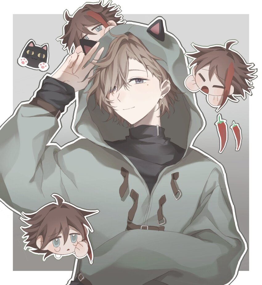 2boys, ahoge, animal_ears, asymmetrical_hair, belt, belt_buckle, black_cat, black_shirt