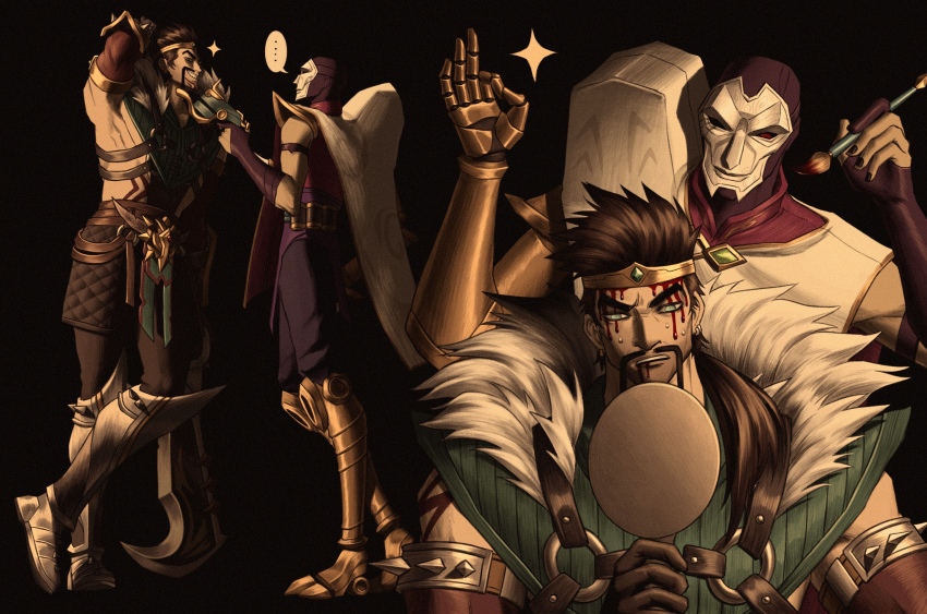 2boys, arm_behind_head, axe, black_background, black_gloves, black_hair, black_nails, black_pants