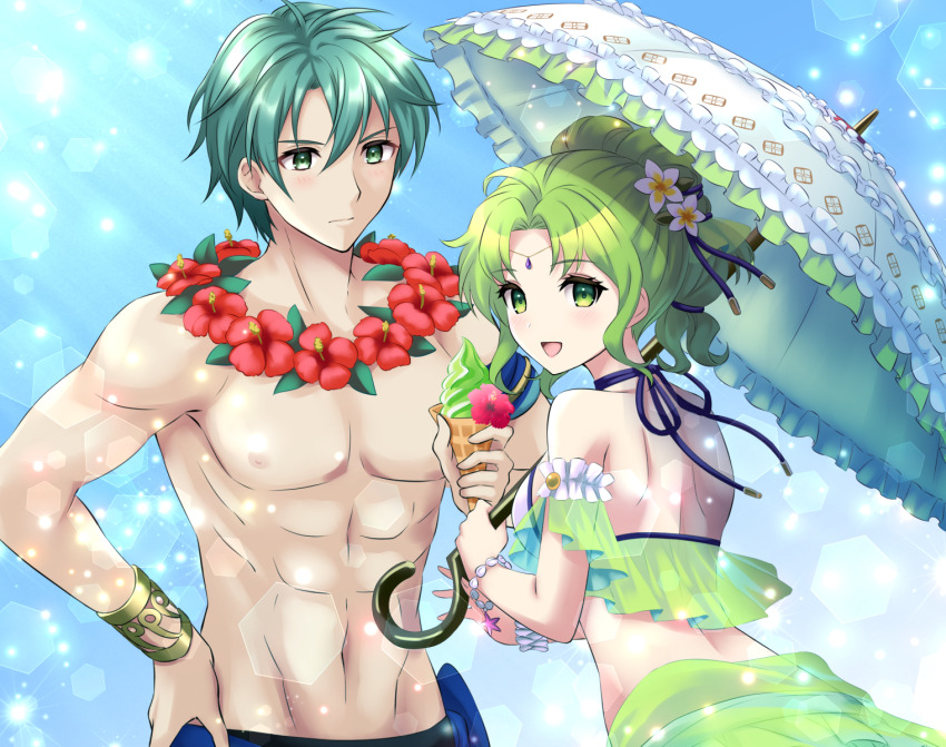 1boy, 1girl, :d, bikini, blue_swim_trunks, commentary_request, ephraim_(fire_emblem), ephraim_(summer)_(fire_emblem)