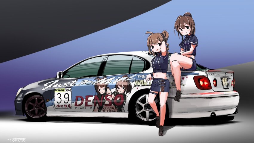 >:), 2girls, :d, artist_name, black_footwear, blue_shirt, blue_skirt, bracelet