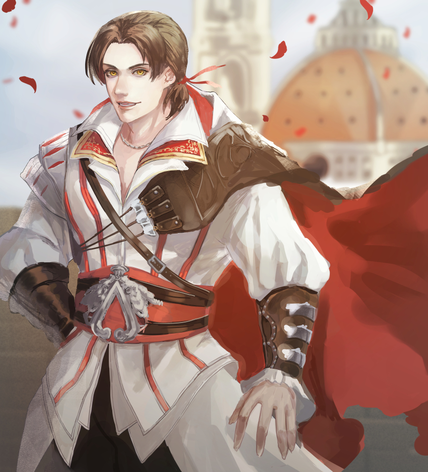 1boy, absurdres, animification, assassin's_creed_(series), assassin's_creed_ii, belt, black_pants, blurry