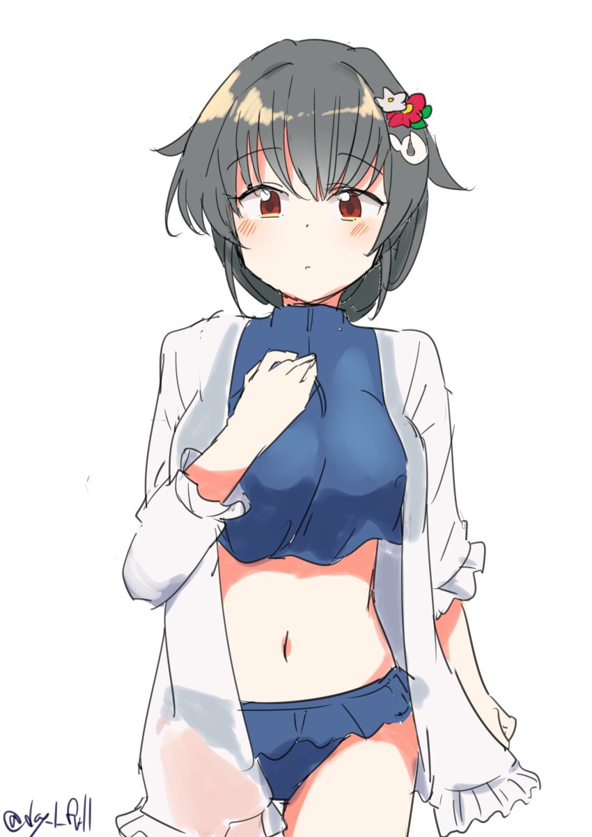 1girl, absurdres, bikini, black_hair, blue_bikini, breasts, frilled_bikini, frilled_jacket, frills, hair_flaps, hair_ornament, hairclip, highres, jacket, jingei_(kancolle), jingei_(swimsuit)_(kancolle), kantai_collection, large_breasts, long_hair, low_ponytail, official_alternate_costume, one-hour_drawing_challenge, ponytail, red_eyes, robinson_(day_l_full), see-through_clothes, see-through_jacket, simple_background, solo, swimsuit, whale_hair_ornament, white_background, white_jacket