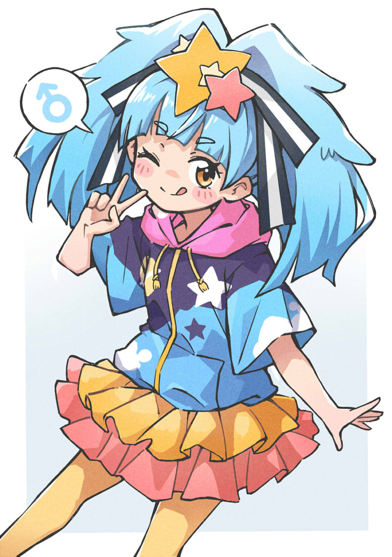 1boy, :p, blue_hair, blunt_bangs, frilled_skirt, frills, hair_ornament, hair_ribbon, hoshikawa_lily, long_hair, male_focus, mars_symbol, one_eye_closed, orange_skirt, pink_skirt, ribbon, short_sleeves, skirt, smile, solo, star_(symbol), star_hair_ornament, star_print, striped_ribbon, tongue, tongue_out, trap, two-tone_skirt, v, yeh, yellow_eyes, zombie_land_saga