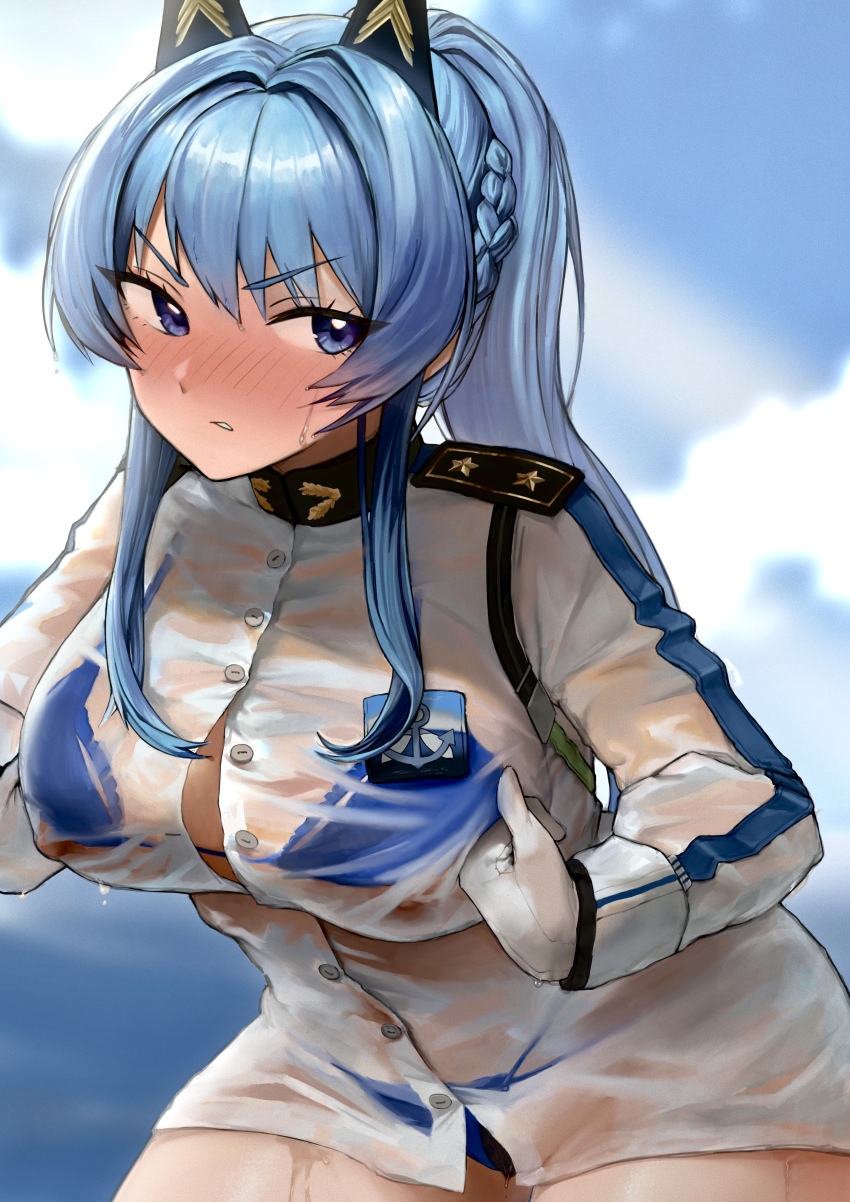 1girl, absurdres, bikini, bikini_under_clothes, blue_bikini, blue_eyes, blue_hair, blush