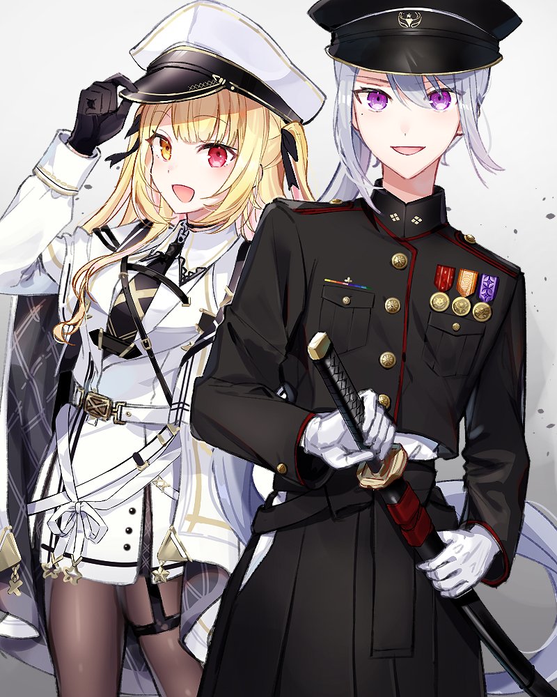 2girls, black_gloves, black_headwear, black_necktie, black_ribbon, black_shirt, black_skirt, blonde_hair, blunt_bangs, cape, coat, collared_shirt, commentary, cowboy_shot, gloves, grey_hair, grey_pantyhose, hair_ribbon, hat, heterochromia, higuchi_kaede, higuchi_kaede_(military), holding, holding_sword, holding_weapon, hoshikawa_sara, hoshikawa_sara_(6th_costume), katana, long_hair, long_sleeves, medal, mole, mole_under_eye, multiple_girls, necktie, nijisanji, open_mouth, pantyhose, peaked_cap, purple_eyes, red_eyes, ribbon, shirt, sidelocks, simple_background, skirt, smile, standing, swept_bangs, sword, trench_coat, twintails, very_long_hair, virtual_youtuber, weapon, white_cape, white_coat, white_gloves, white_headwear, white_shirt, yellow_eyes, zyenokana