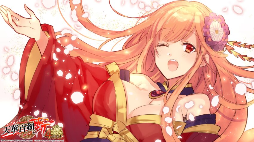 1girl, anniversary, bare_shoulders, breasts, cleavage, detached_collar, falling_petals, floating_hair