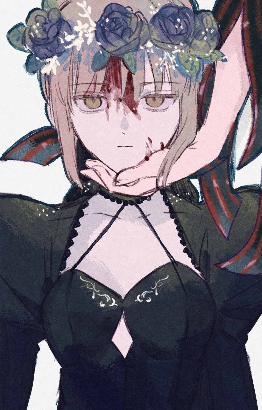 2girls, angra_mainyu_(fate), artoria_pendragon_(fate), black_dress, blonde_hair, blood, blood_on_face, blue_flower, breasts, closed_mouth, clothing_cutout, collarbone, commentary_request, corruption, dark_persona, dark_sakura, diamond_cutout, dress, expressionless, fate/stay_night, fate_(series), flower, flower_wreath, gothic_lolita, hand_on_another's_chin, heaven's_feel, highres, juliet_sleeves, lolita_fashion, long_hair, long_sleeves, looking_at_viewer, machi_(uqyjee), matou_sakura, multiple_girls, possessed, possession, puffy_sleeves, saber_alter, saber_alter_(third_ascension), sidelocks, simple_background, small_breasts, solo_focus, striped_clothes, striped_dress, upper_body, white_background, yellow_eyes