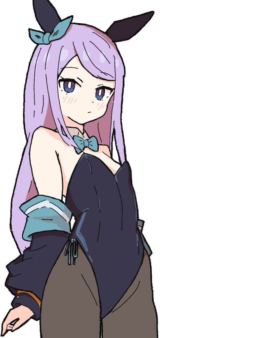 1girl, animal_ears, arms_at_sides, bare_shoulders, black_jacket, black_leotard, black_pantyhose, blue_eyes, blush, bow, bowtie, closed_mouth, clothes_down, cowboy_shot, detached_collar, ear_bow, groin, highres, horse_ears, jacket, leotard, long_hair, looking_at_viewer, mejiro_mcqueen_(umamusume), pantyhose, playboy_bunny, purple_eyes, simple_background, solo, sudzume, umamusume, white_background