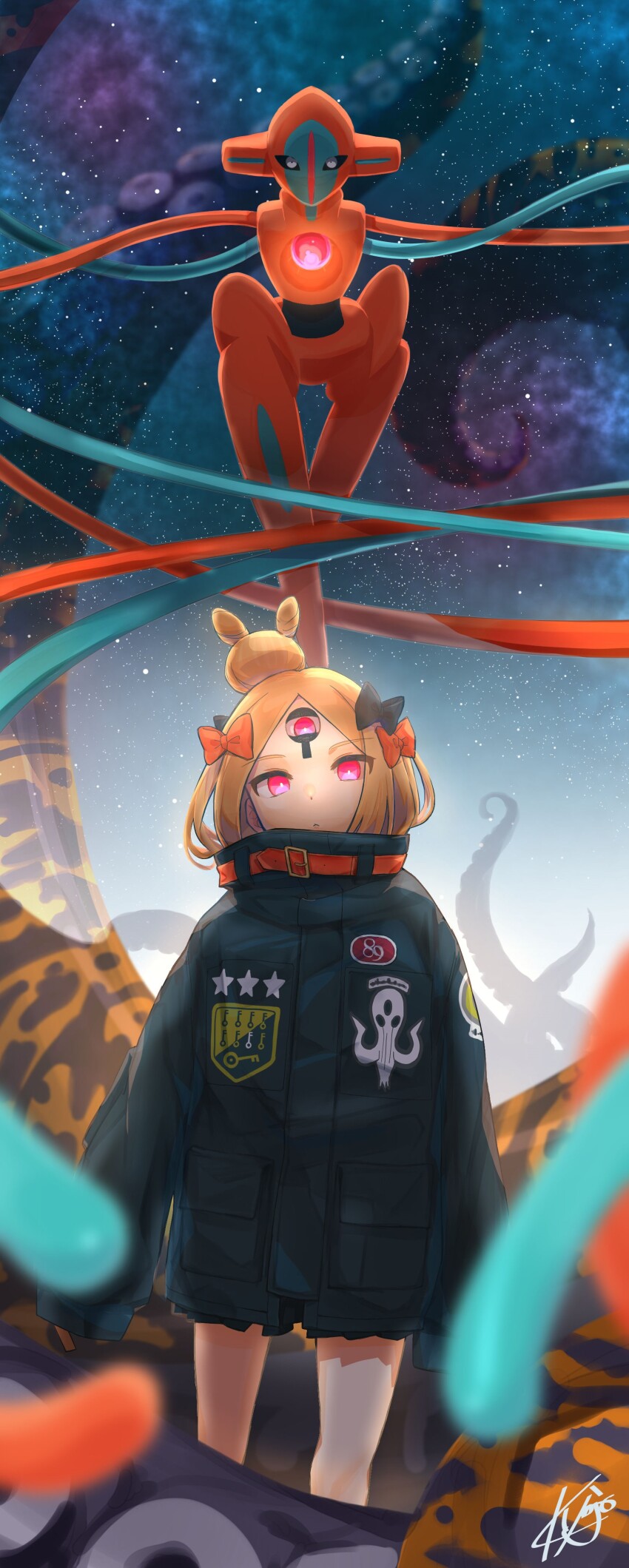 1girl, abigail_williams_(fate), abigail_williams_(traveling_outfit)_(fate), absurdres, black_bow, black_jacket, blonde_hair, bow