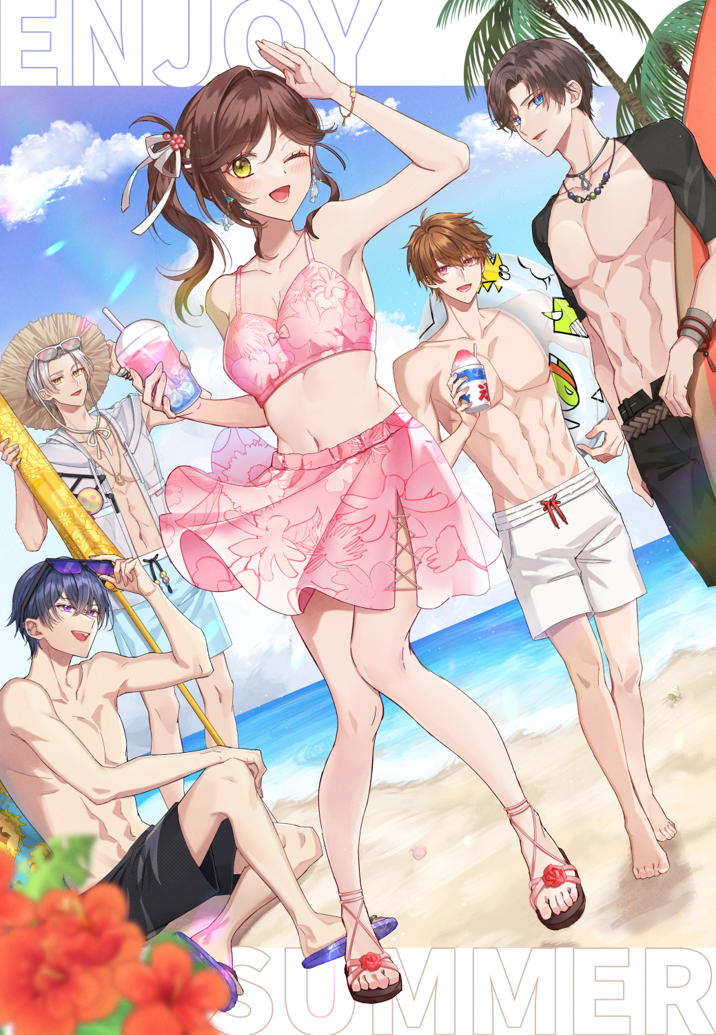 1girl, 4boys, ;d, abs, arm_up, armpits, artem_wing_(tears_of_themis), beach