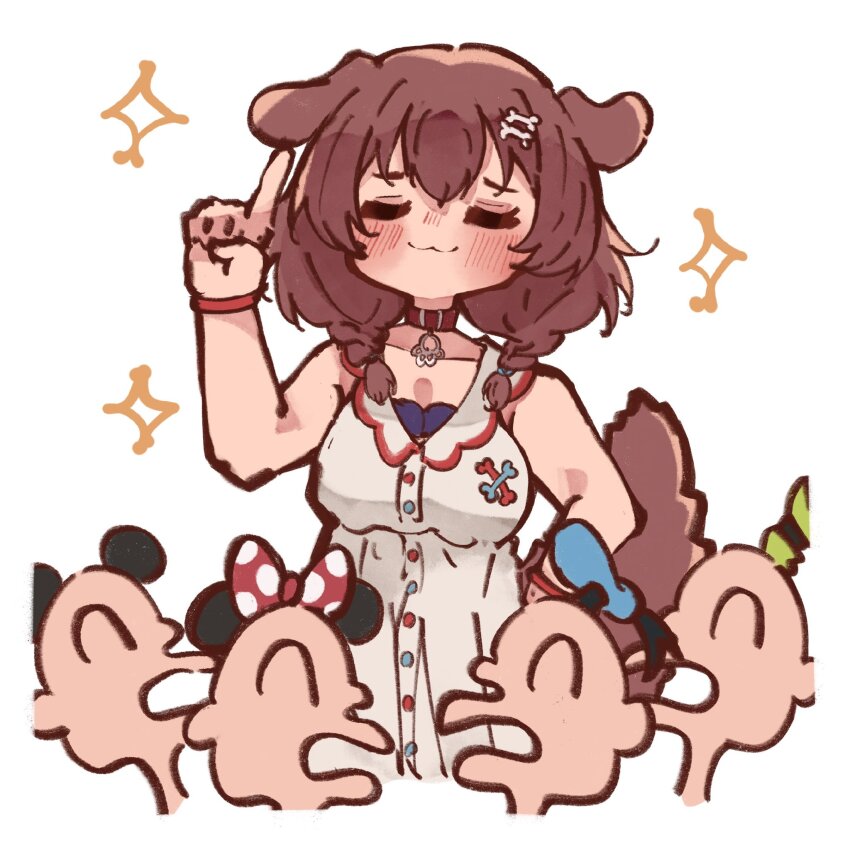 :3, =_=, animal_collar, animal_ears, bare_arms, blush, blush_stickers, bone_hair_ornament