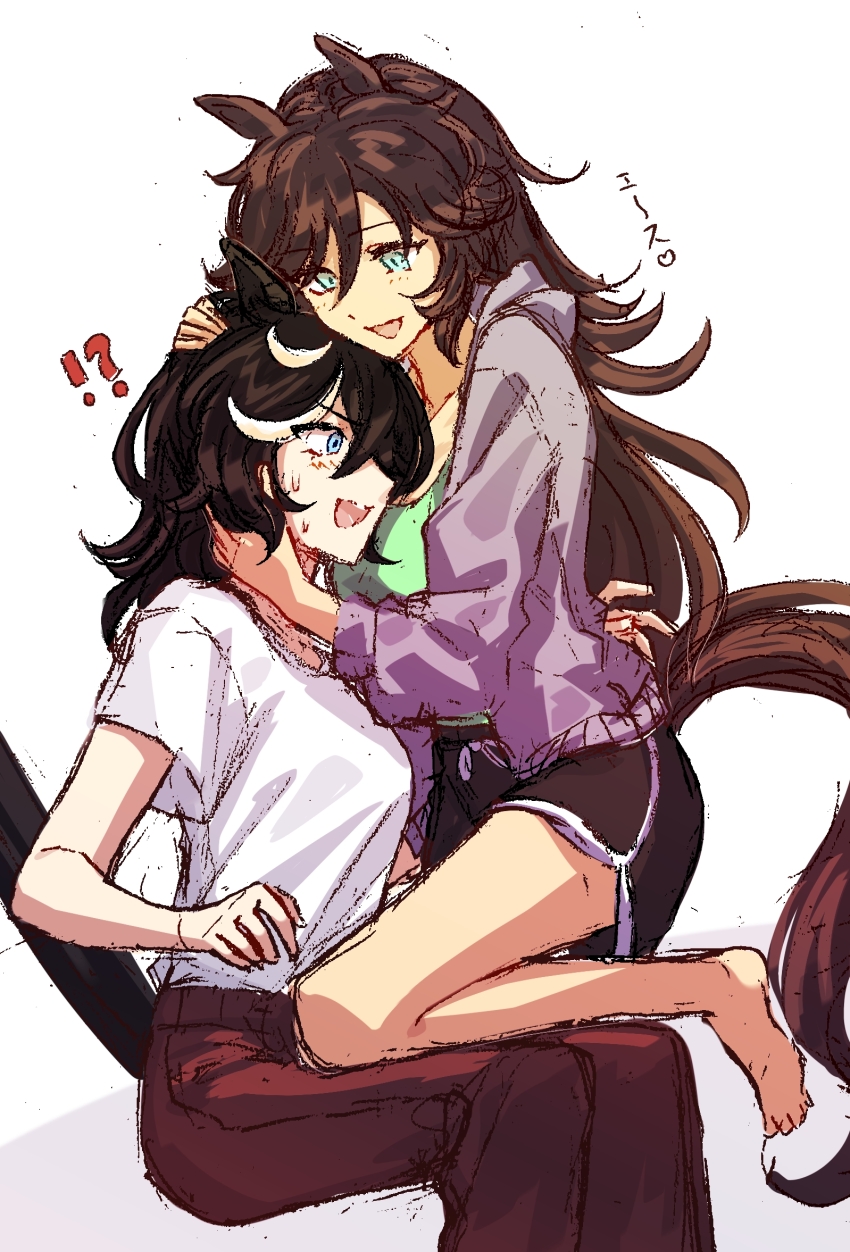 !?, 2girls, alternate_costume, animal_ears, barefoot, black_hair, black_shorts, blue_eyes