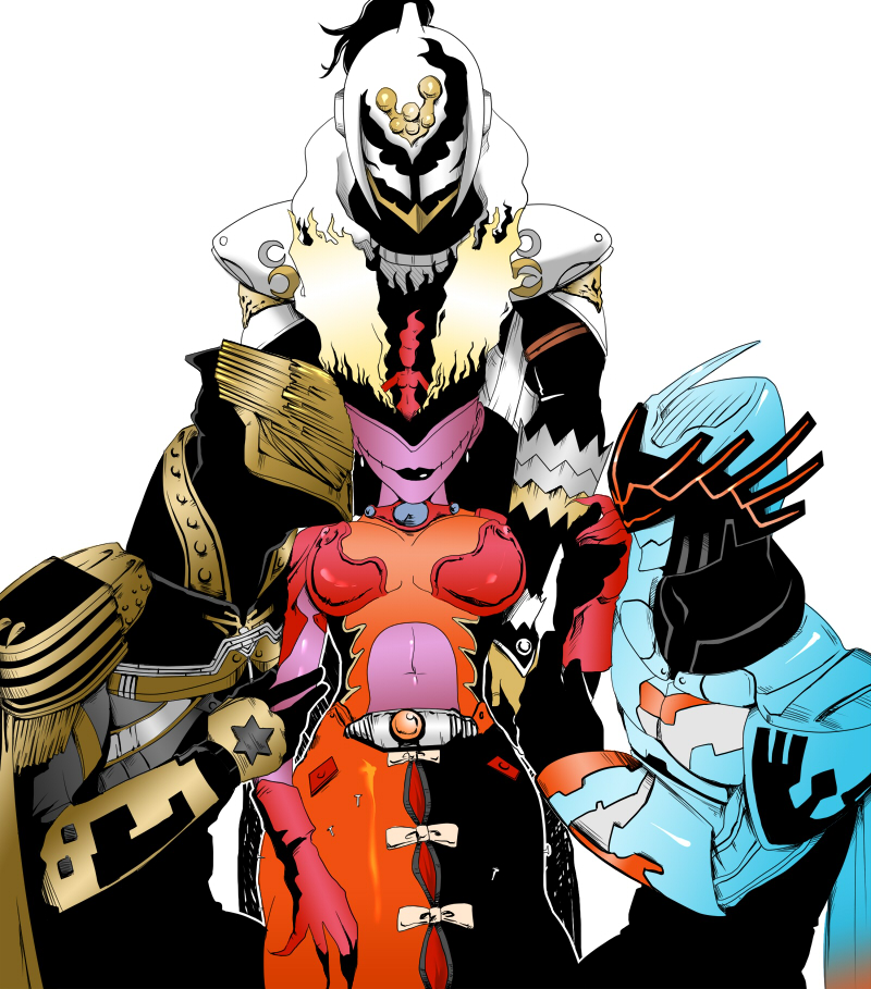 1girl, 3boys, colored_skin, completezero, fur_trim, helmet, kamen_rider, kamen_rider_w