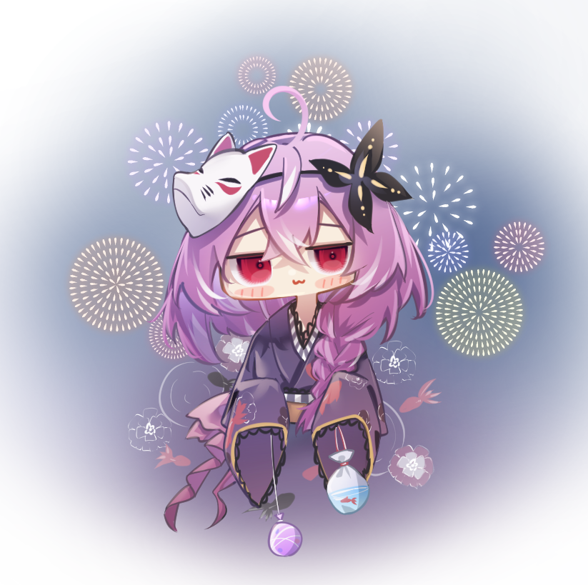 1girl, :3, aerial_fireworks, ahoge, alternate_costume, bag, bagged_fish, bikini