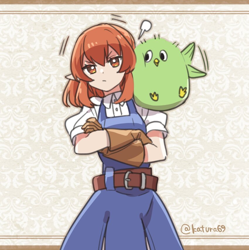 1girl, 1other, :/, animal, beak, belt, bird_legs, bird_wings, blank_speech_bubble, blouse, brown_belt, brown_gloves, closed_mouth, commentary_request, cowboy_shot, crossed_arms, dot_nose, dress, eyebrows_hidden_by_hair, flapping, gloves, green_fur, helck, highres, katsura_ichiho, looking_at_another, medium_hair, motion_lines, orange_eyes, patterned_background, pinafore_dress, piwi, pointy_ears, puffy_short_sleeves, puffy_sleeves, purple_dress, red_hair, shirt, short_sleeves, sidelocks, sleeveless, sleeveless_dress, speech_bubble, twitter_username, v-shaped_eyebrows, vermilio_(helck), white_shirt, wings