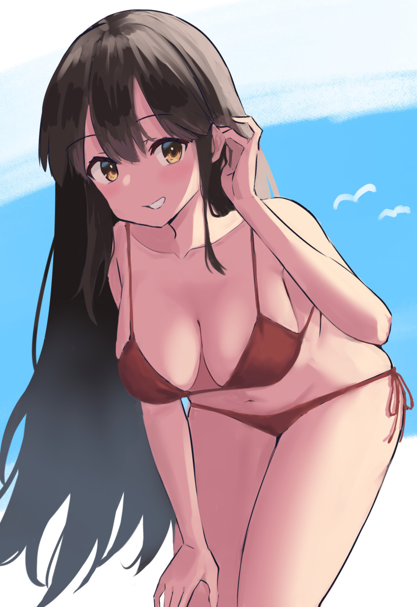 1girl, :d, absurdres, akagi_(kancolle), alternate_costume, bikini, bird, bra