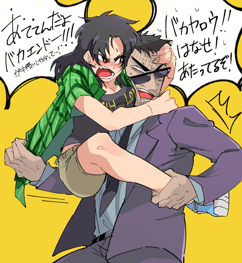 1boy, 1girl, black_necktie, black_shirt, blazer, blush, breasts, bright_pupils