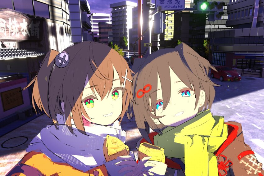 2girls, blue_eyes, brown_hair, building, city, commentary_request, denonbu, food