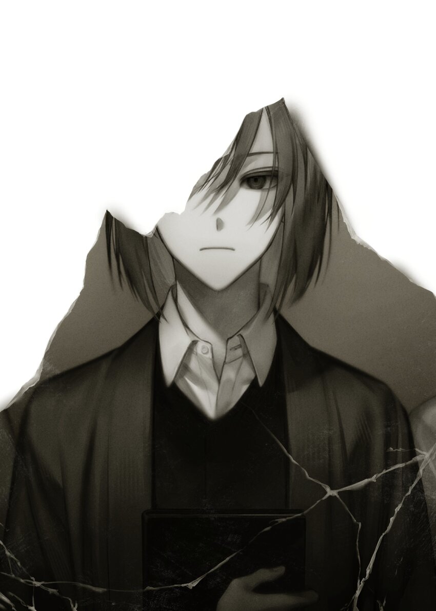 1boy, absurdres, book, collared_shirt, commentary, harada_mutei, highres, holding